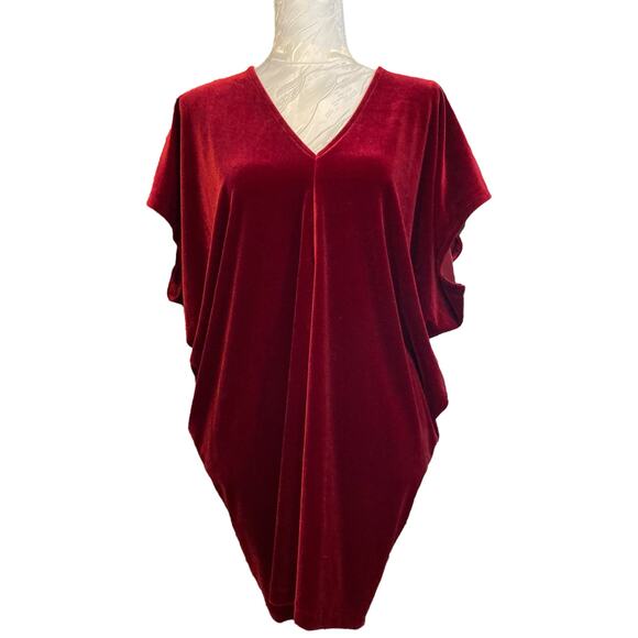Lands End Red Velvet V Neck Batwing Sleeve Christmas Holiday Tunic Top Sz Large - Picture 1 of 14